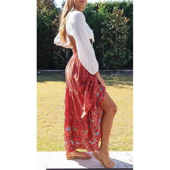 Womens 2024 Bohemian Floral Printed Elastic Waist A Line Maxi Skirt with Pockets - Picture 3 of 7